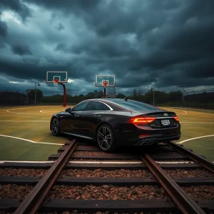 Luxury vehicle on train tracks symbolizing a troubled past