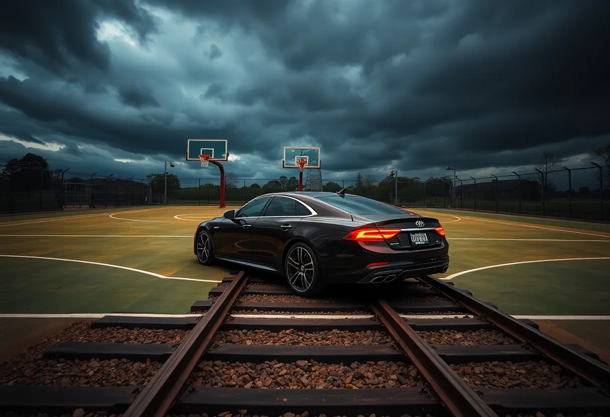 Luxury vehicle on train tracks symbolizing a troubled past