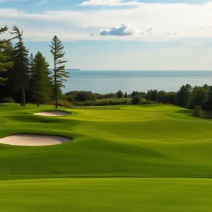 View of a stunning golf course in Michigan with clear skies and greenery