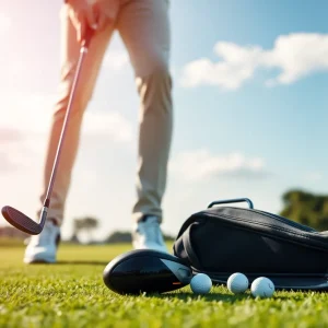 A high-tech golf club and ball on a tee on a golf course.