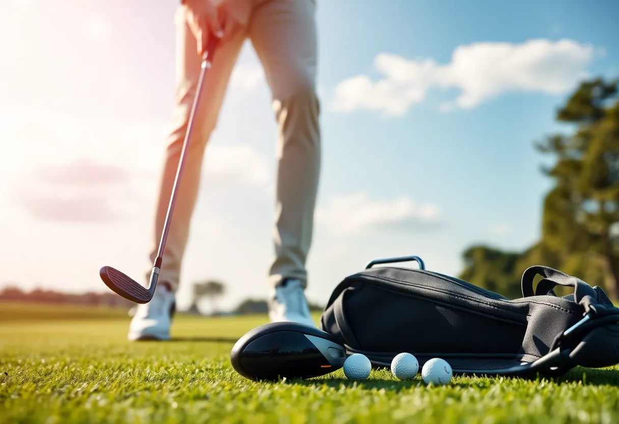 A high-tech golf club and ball on a tee on a golf course.