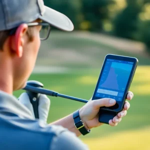 A golfer engages with advanced golf equipment on a sunny course.