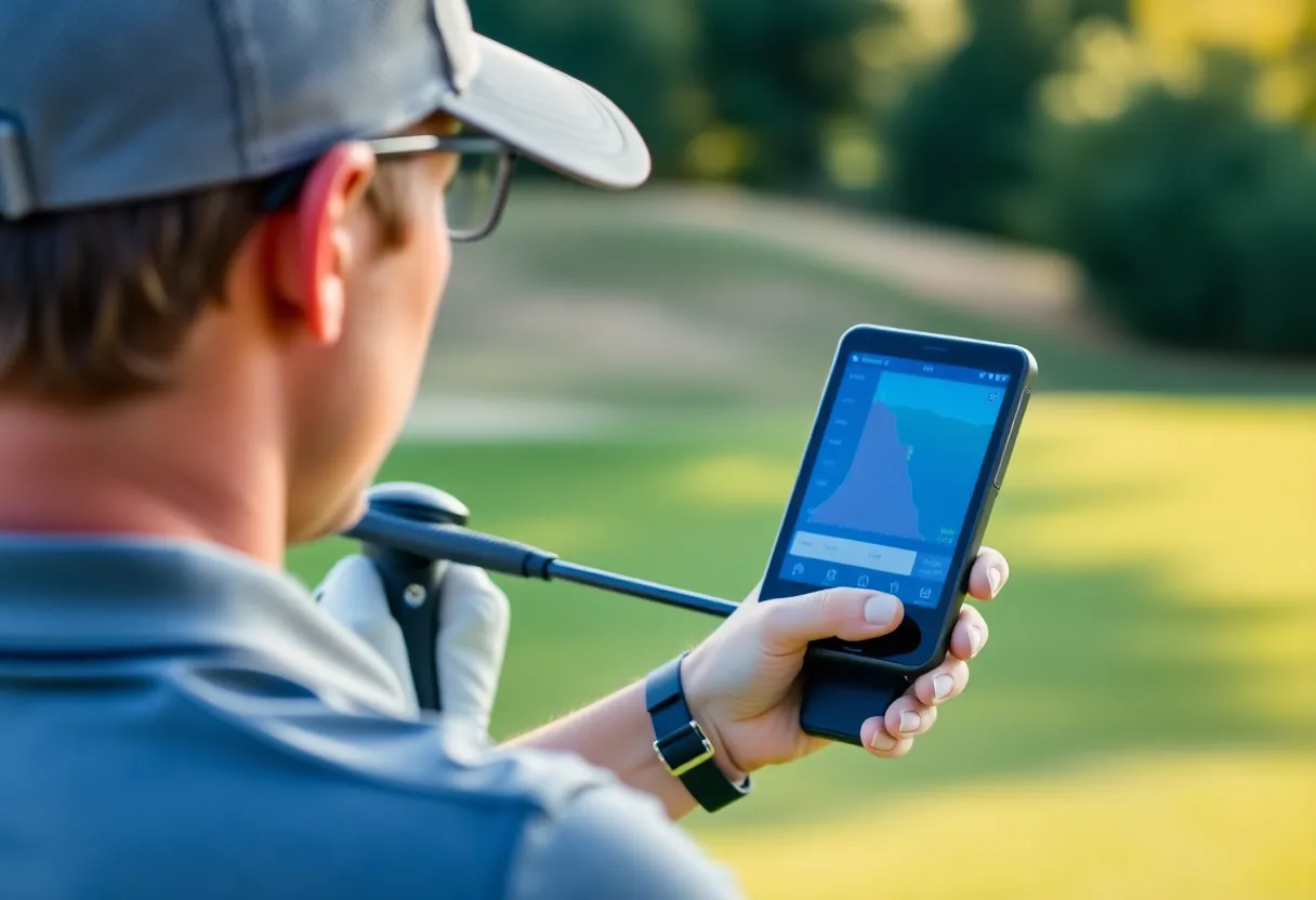 A golfer engages with advanced golf equipment on a sunny course.