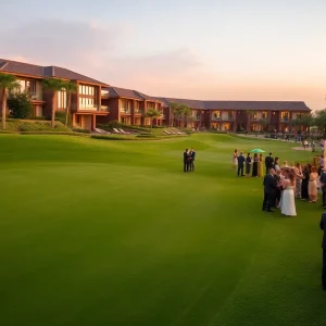 Celebration at Modry Las Golf Resort's 15th anniversary with golfers on the green.