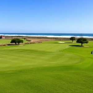 A stunning view of a golf course in Myrtle Beach with golfers in action.