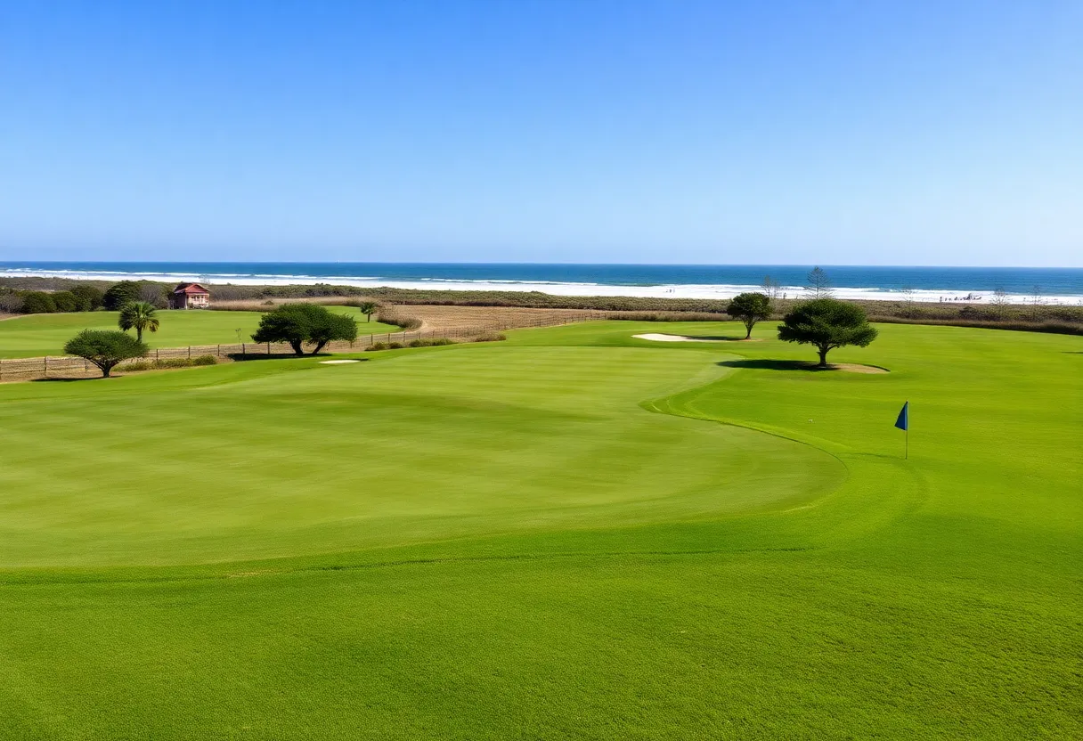 A stunning view of a golf course in Myrtle Beach with golfers in action.