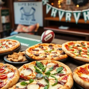 A table filled with assorted pizzas and Super Bowl decorations.