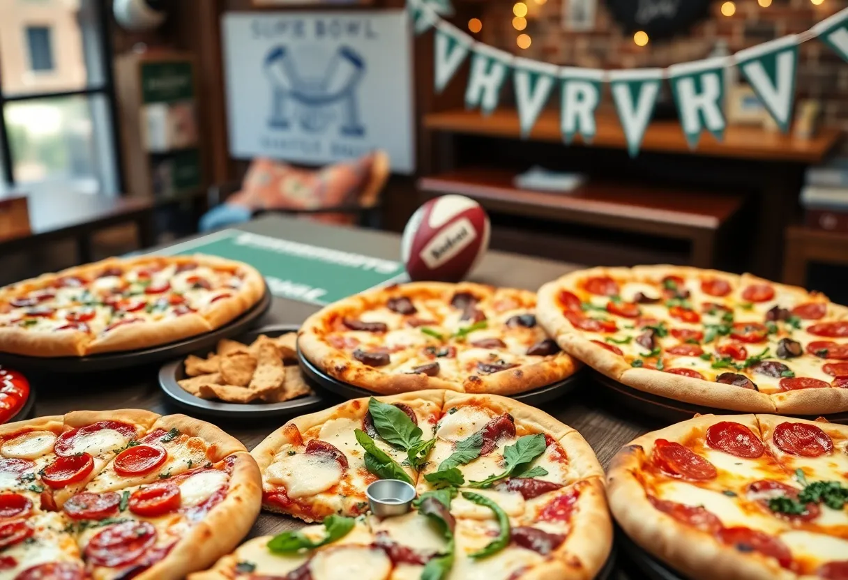 A table filled with assorted pizzas and Super Bowl decorations.