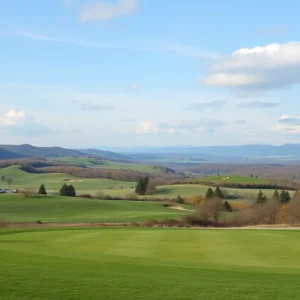 Lush golf course in New York with rolling hills and lakes