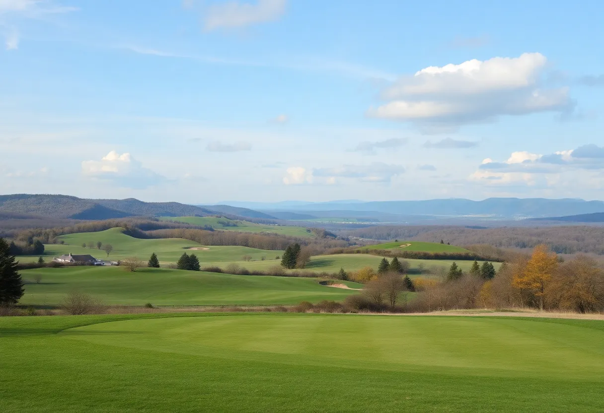 Lush golf course in New York with rolling hills and lakes