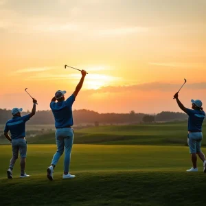 Ollie Schniederjans celebrating his victory at the International Series India golf tournament.