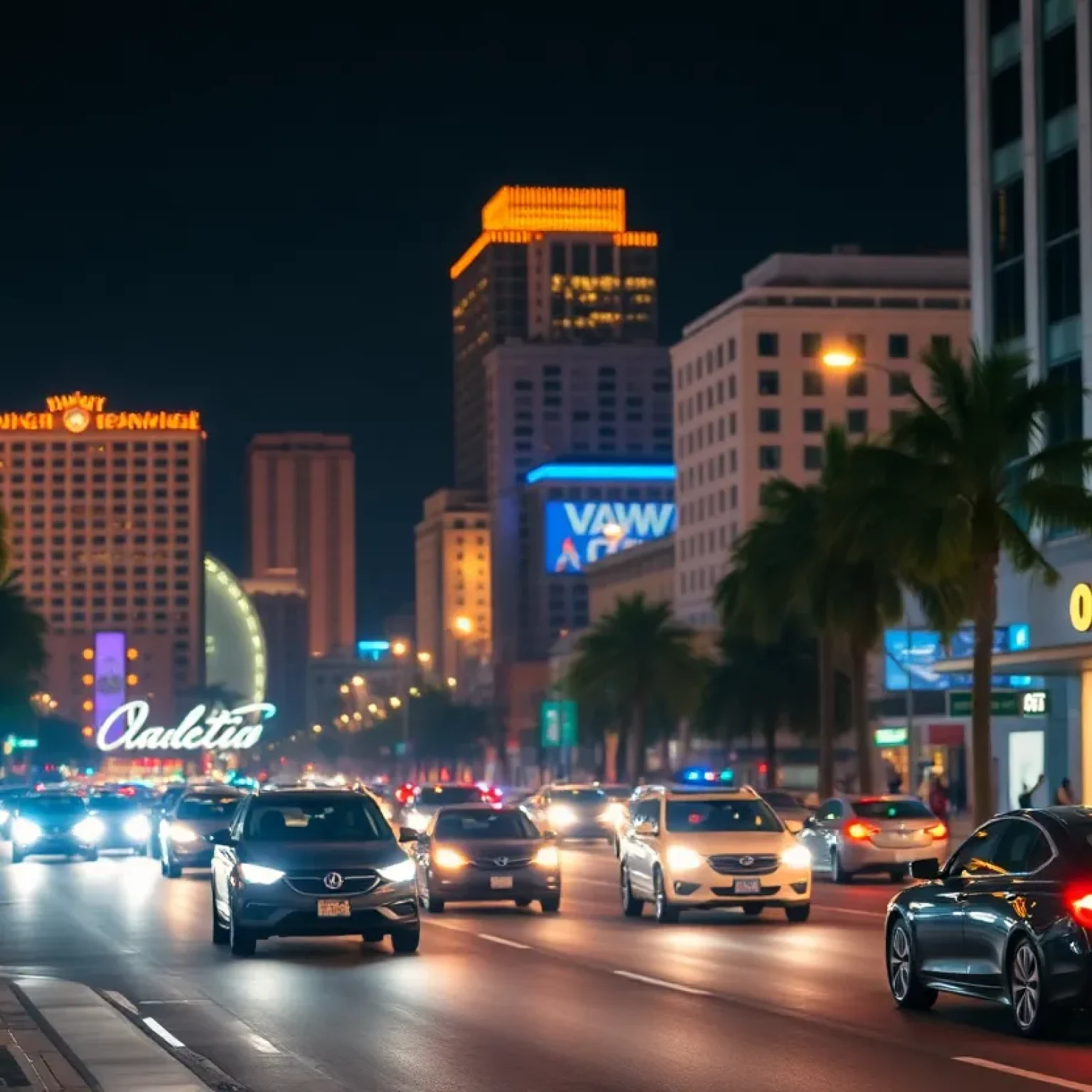 Vehicles driving on Orange Avenue in downtown Orlando at night