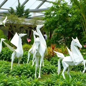 Outdoor art exhibit featuring origami-inspired sculptures in a botanical garden.