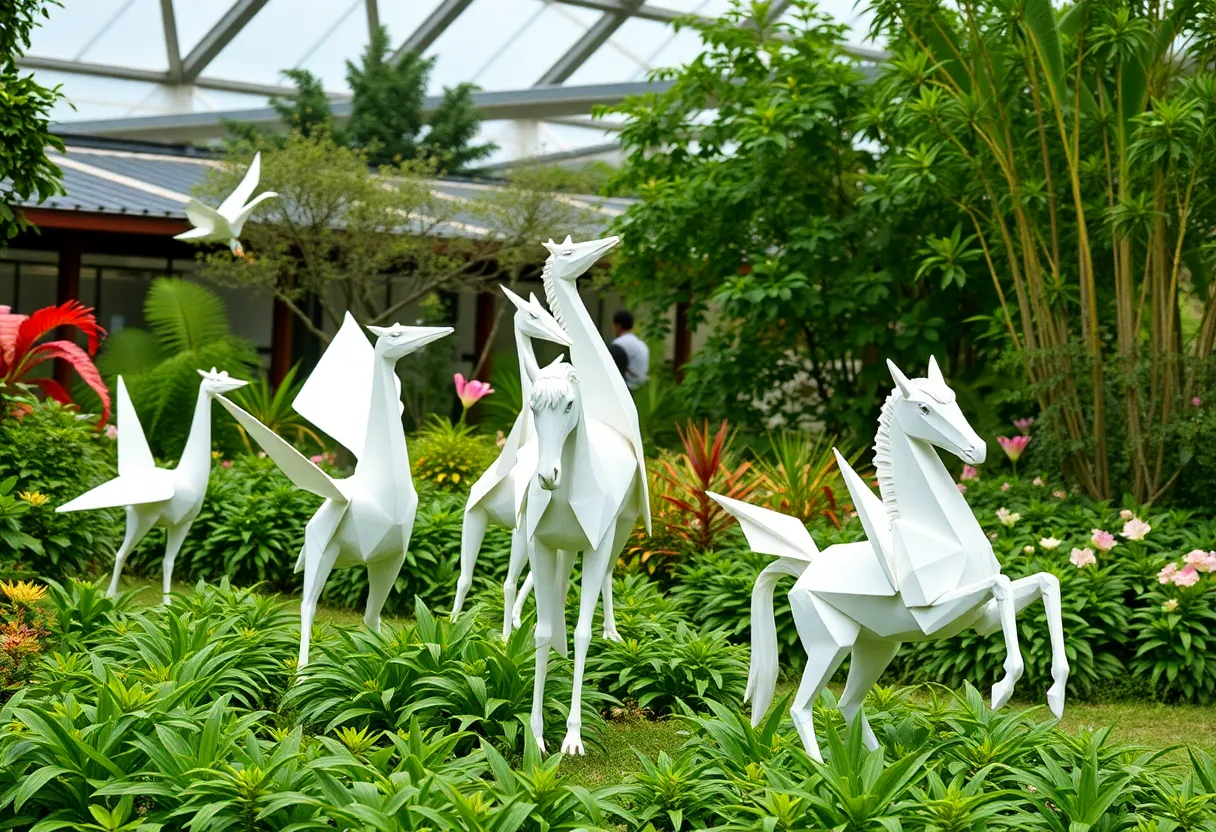 Outdoor art exhibit featuring origami-inspired sculptures in a botanical garden.