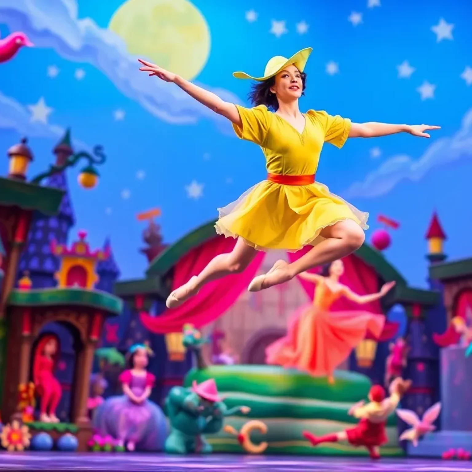 Dancers performing in Orlando Ballet's 'Peter Pan', showcasing flying techniques and vibrant costumes.