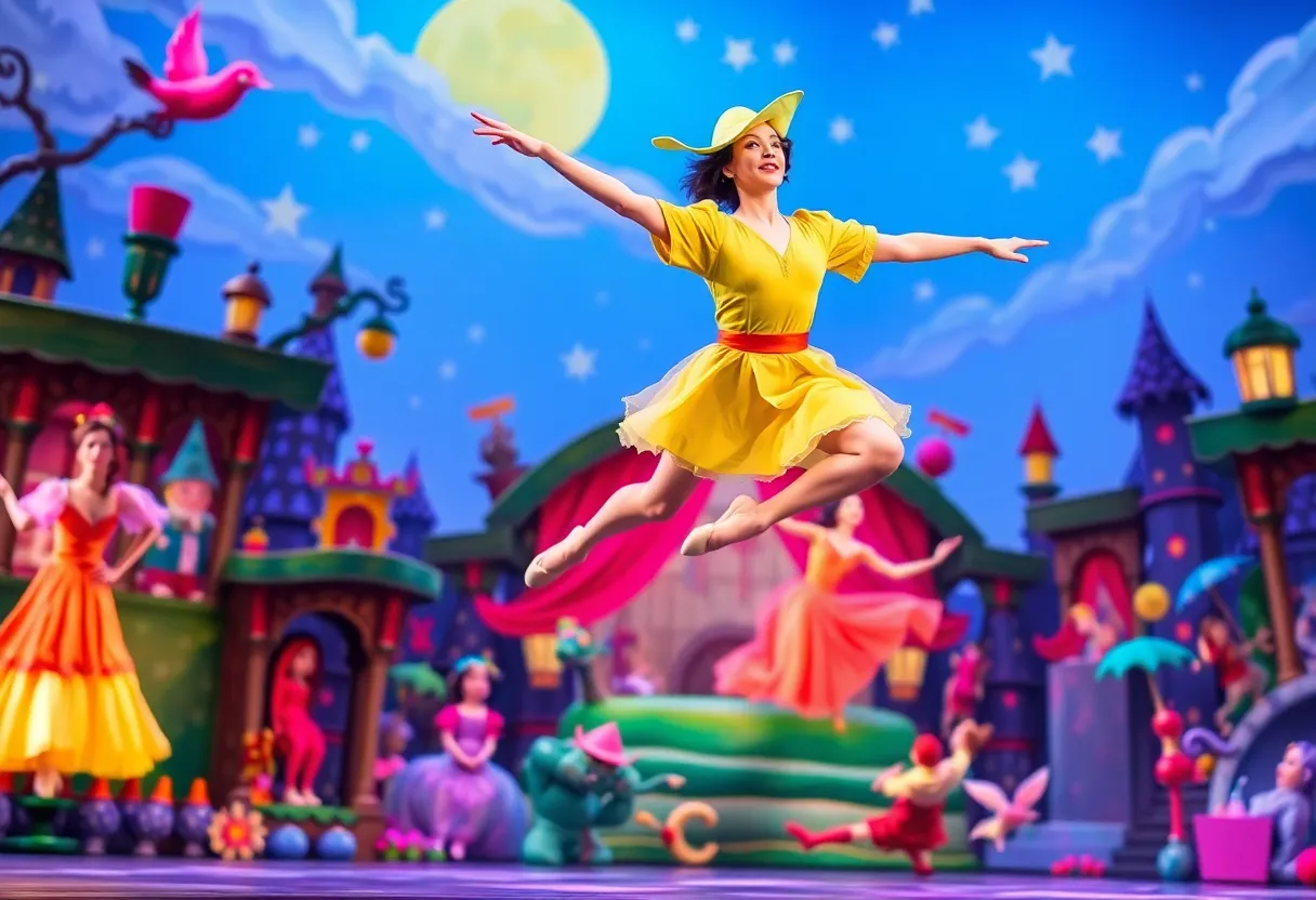 Dancers performing in Orlando Ballet's 'Peter Pan', showcasing flying techniques and vibrant costumes.