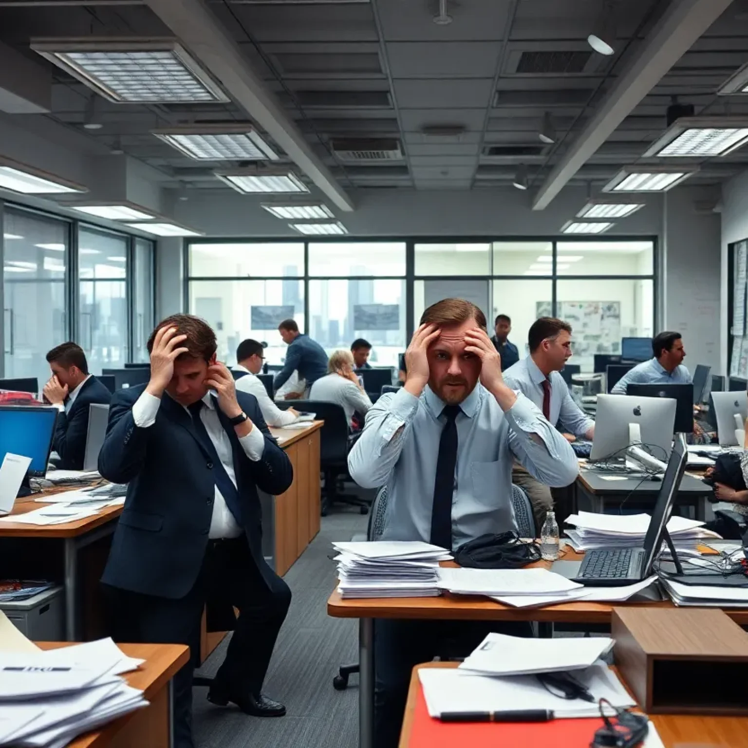 An office environment reflecting stress and urgency during a misconduct investigation.