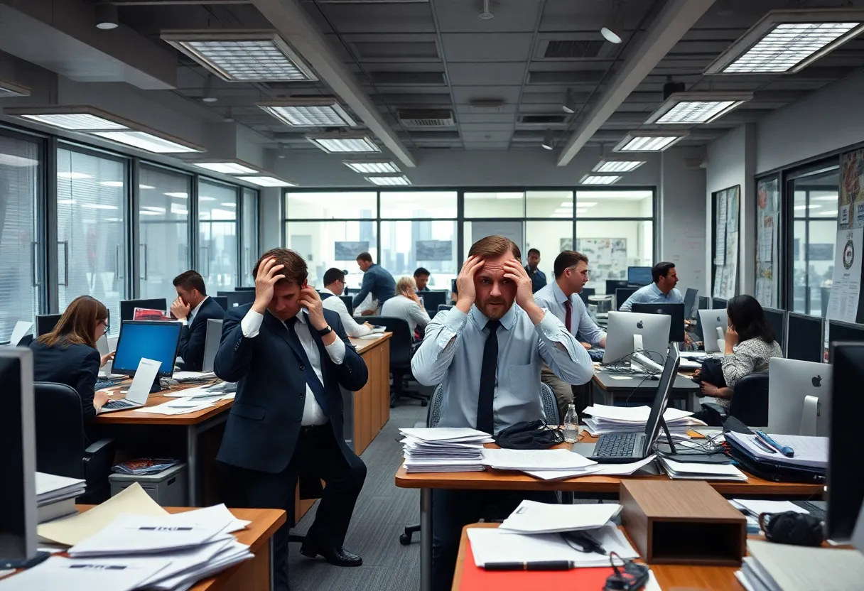 An office environment reflecting stress and urgency during a misconduct investigation.