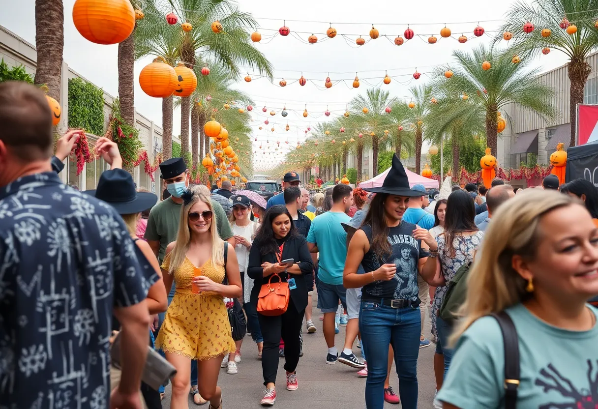 A lively community event in Orlando displaying fashion and Halloween themes.