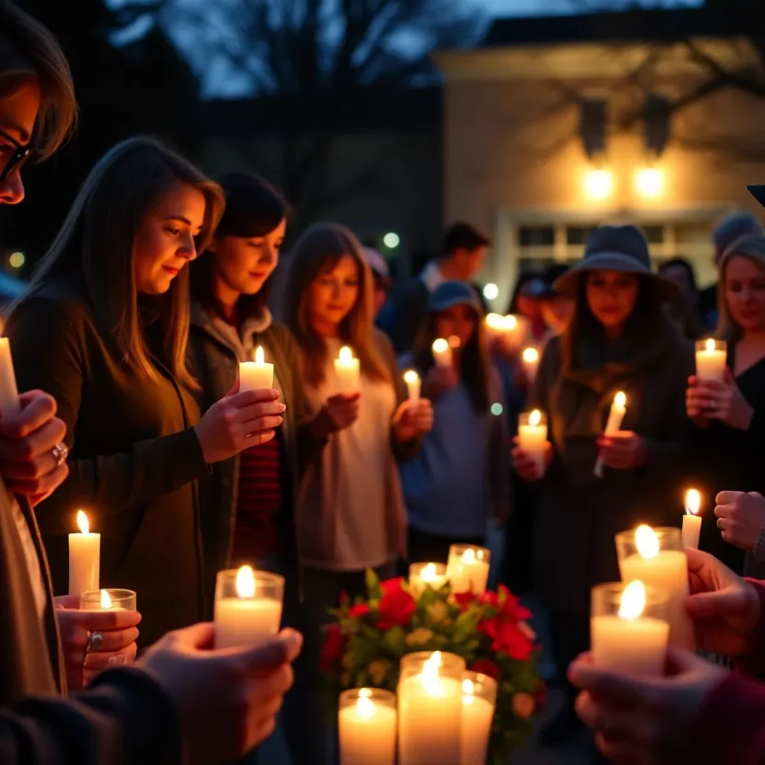 Community members lighting candles during a vigil for a car crash victim in Orlando.