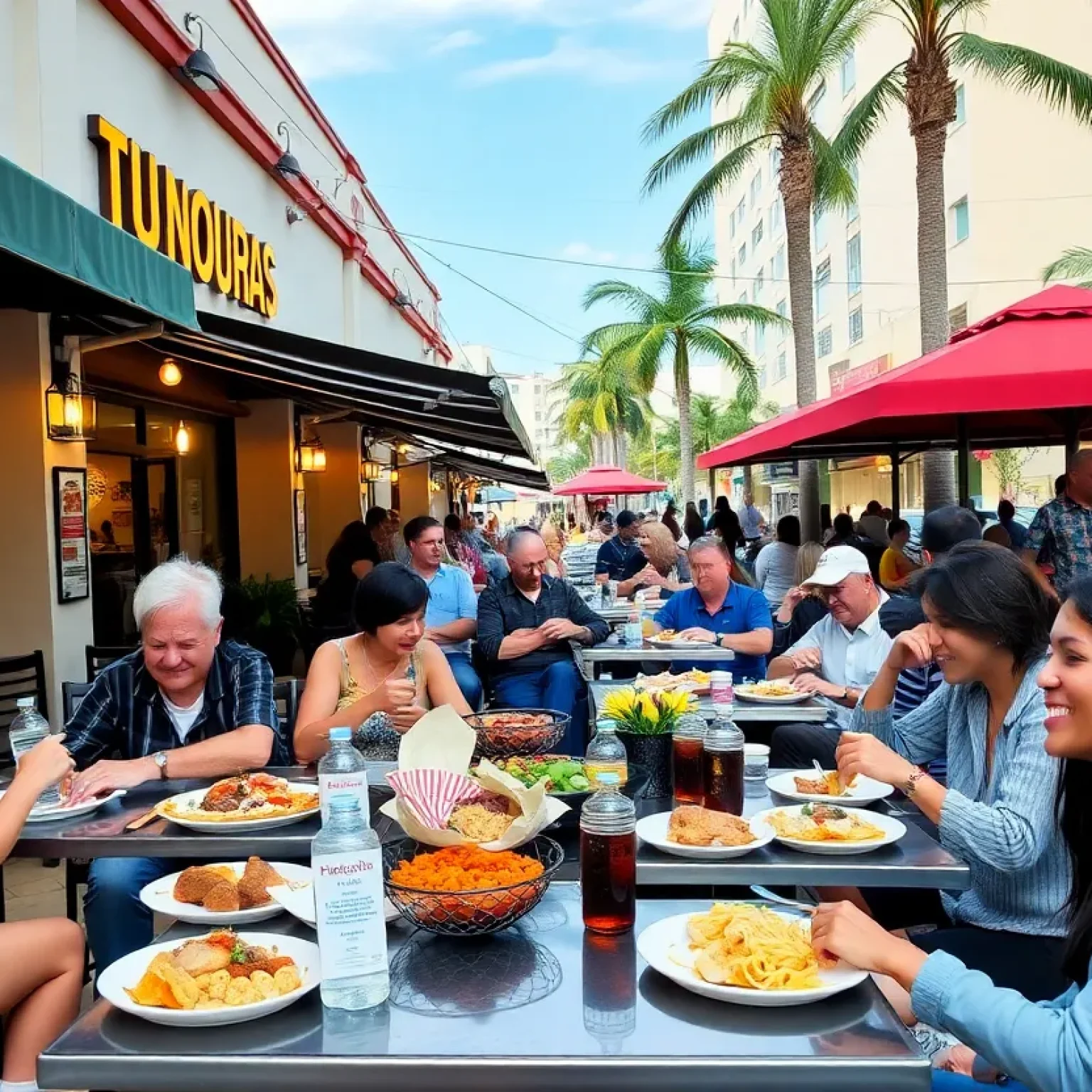 Diverse dining experience in Orlando featuring outdoor tables crowded with diners.