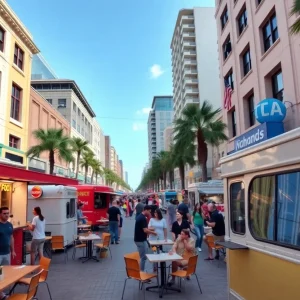 Outdoor food truck scene in Orlando with people dining