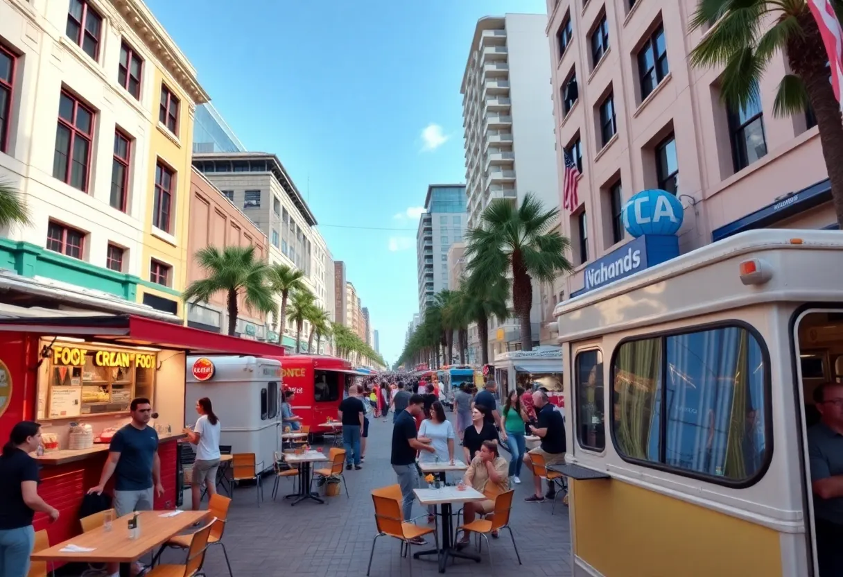 Outdoor food truck scene in Orlando with people dining