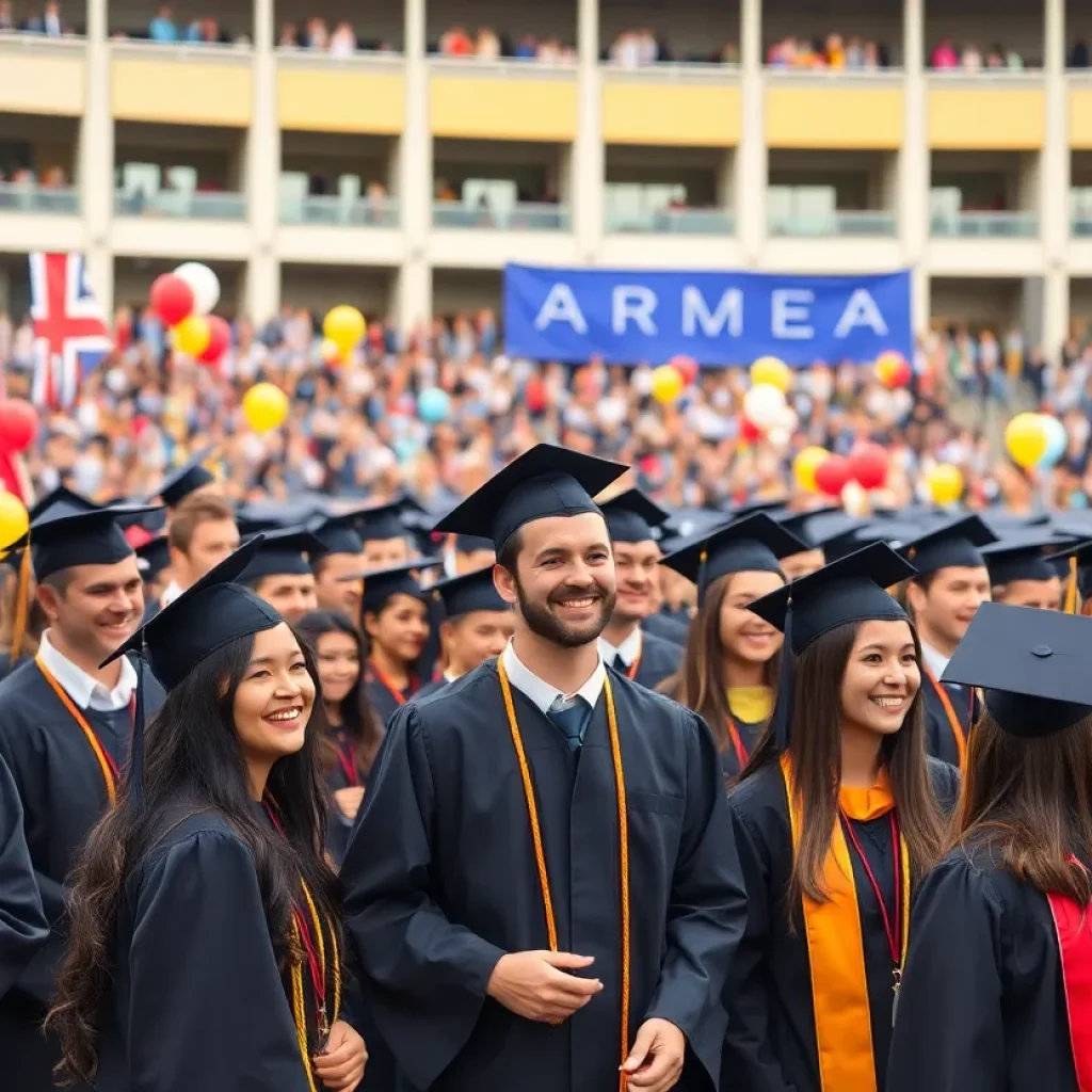 Graduation ceremony at a university arena with families celebrating.