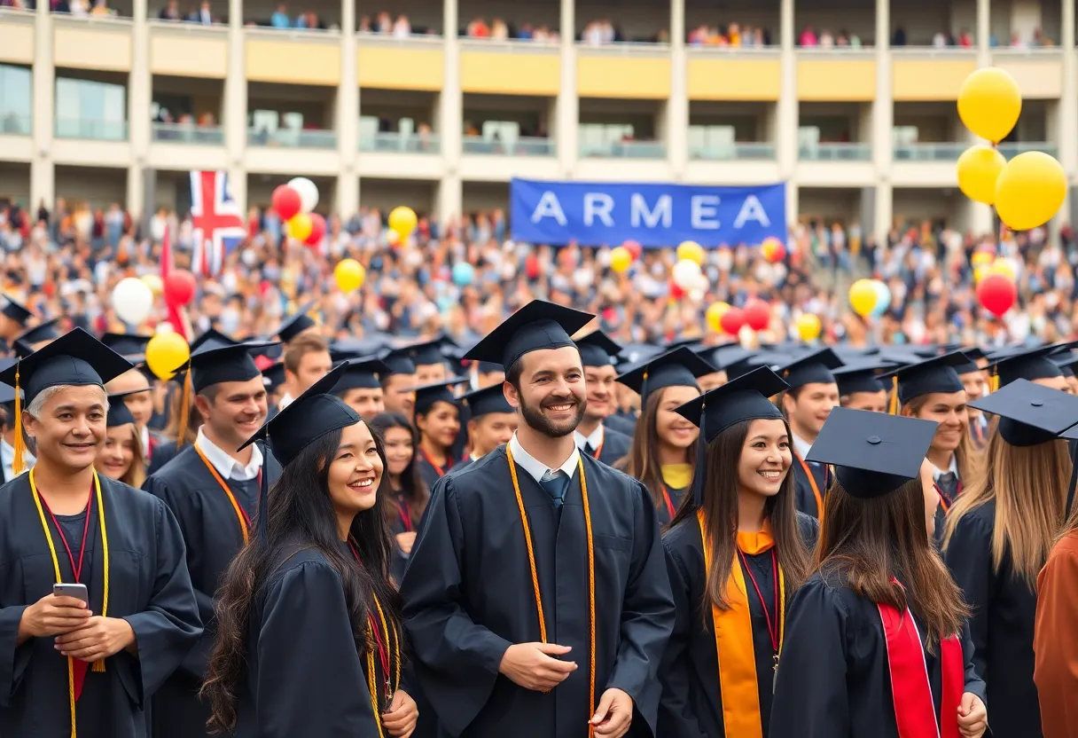 Graduation ceremony at a university arena with families celebrating.