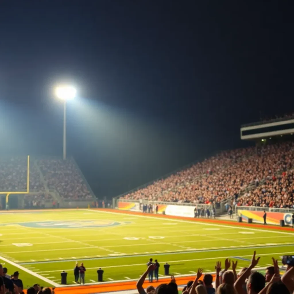 A lively football game at an Orlando high school with fans in the stands.