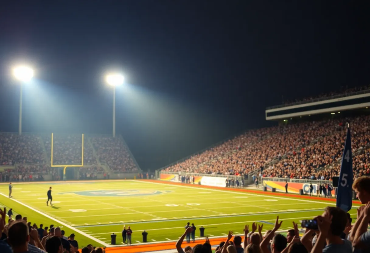 A lively football game at an Orlando high school with fans in the stands.