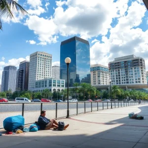 Orlando city skyline with visible areas of homelessness