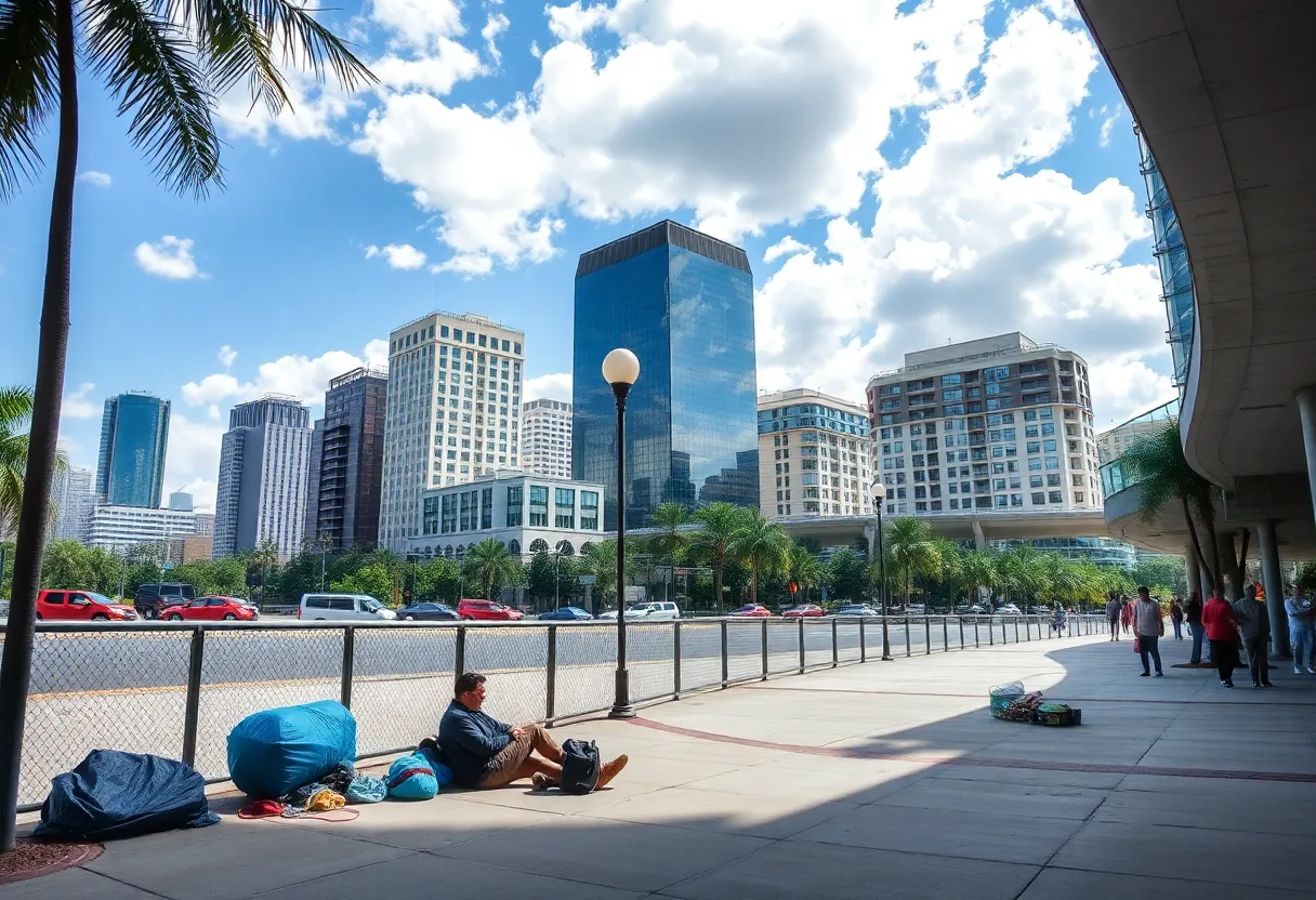 Orlando city skyline with visible areas of homelessness