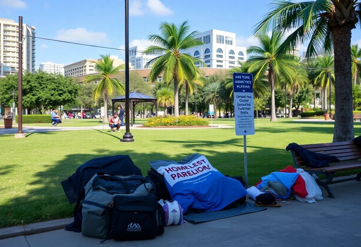 Picnic area in Orlando with signs of recent homelessness issues