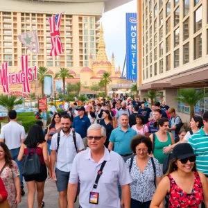 Guests enjoying their stay at a hotel in Orlando with theme parks in the background.