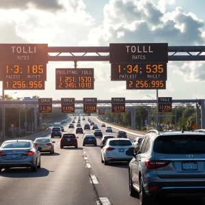 Cars traveling on I-4 Express Lanes in Orlando with electronic toll displays