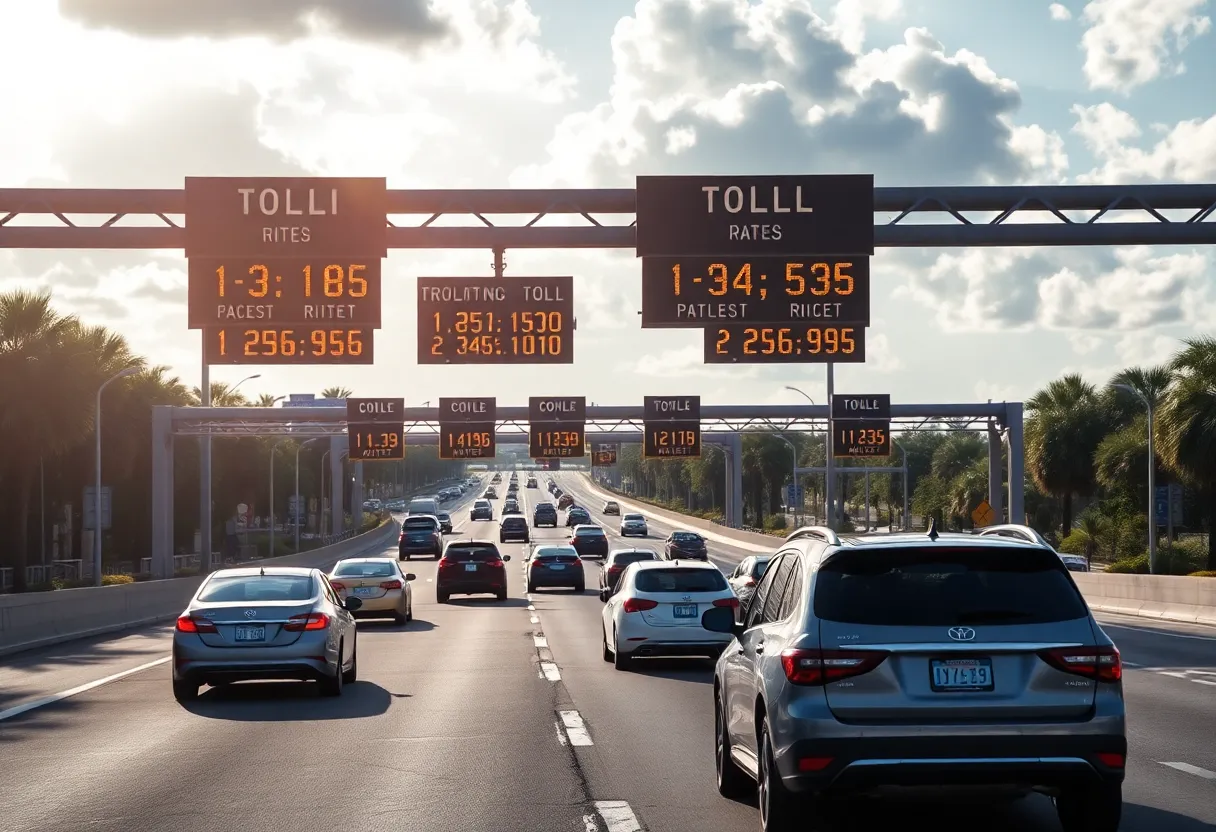 Cars traveling on I-4 Express Lanes in Orlando with electronic toll displays