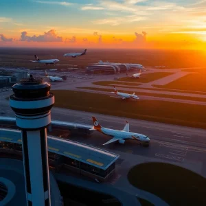 Aerial view of Orlando International Airport showcasing runways and terminals.