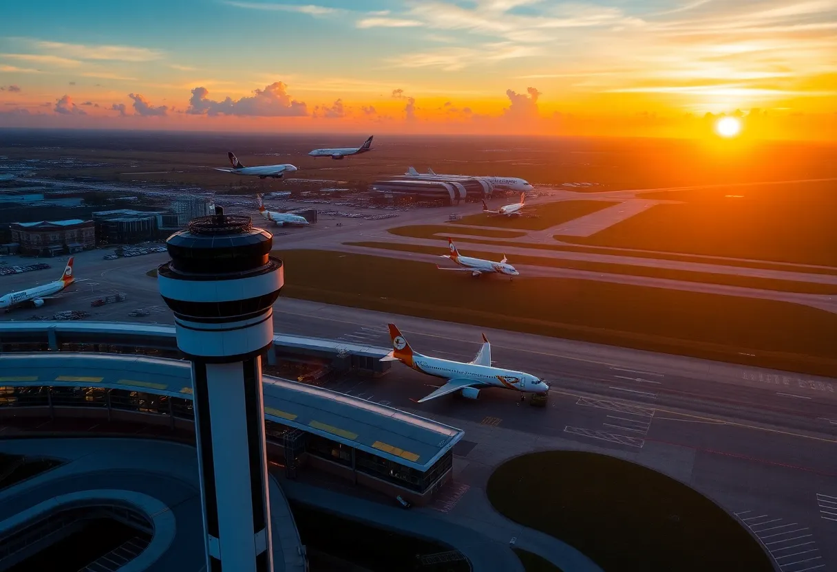 Aerial view of Orlando International Airport showcasing runways and terminals.