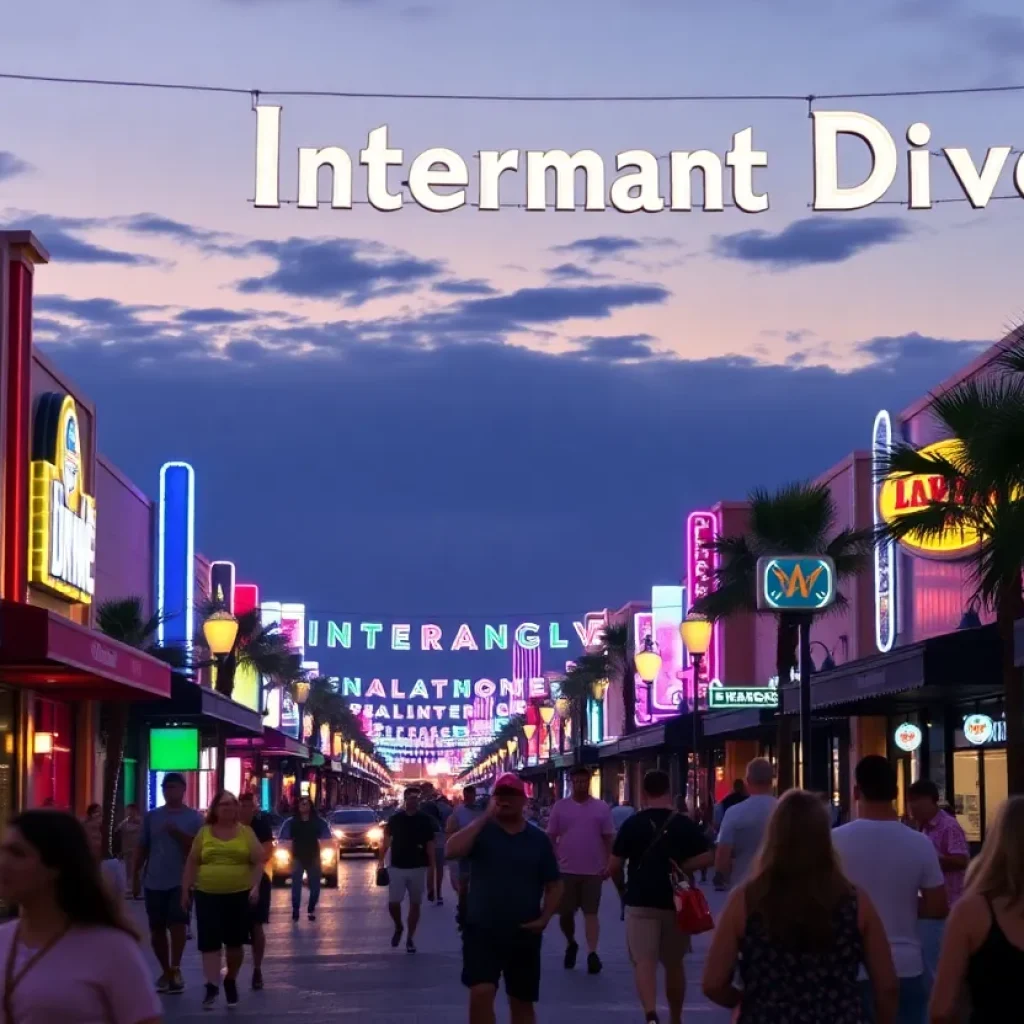 Families enjoying the lively atmosphere of Orlando's International Drive at night.