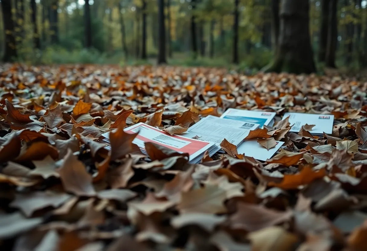 Wooded area with discarded mail representing the Orlando mail scandal