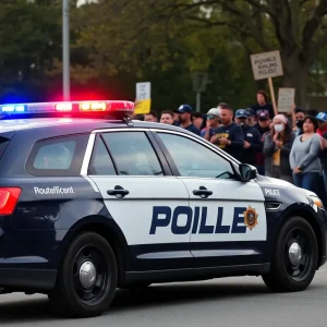 Police car on a street with community members gathering