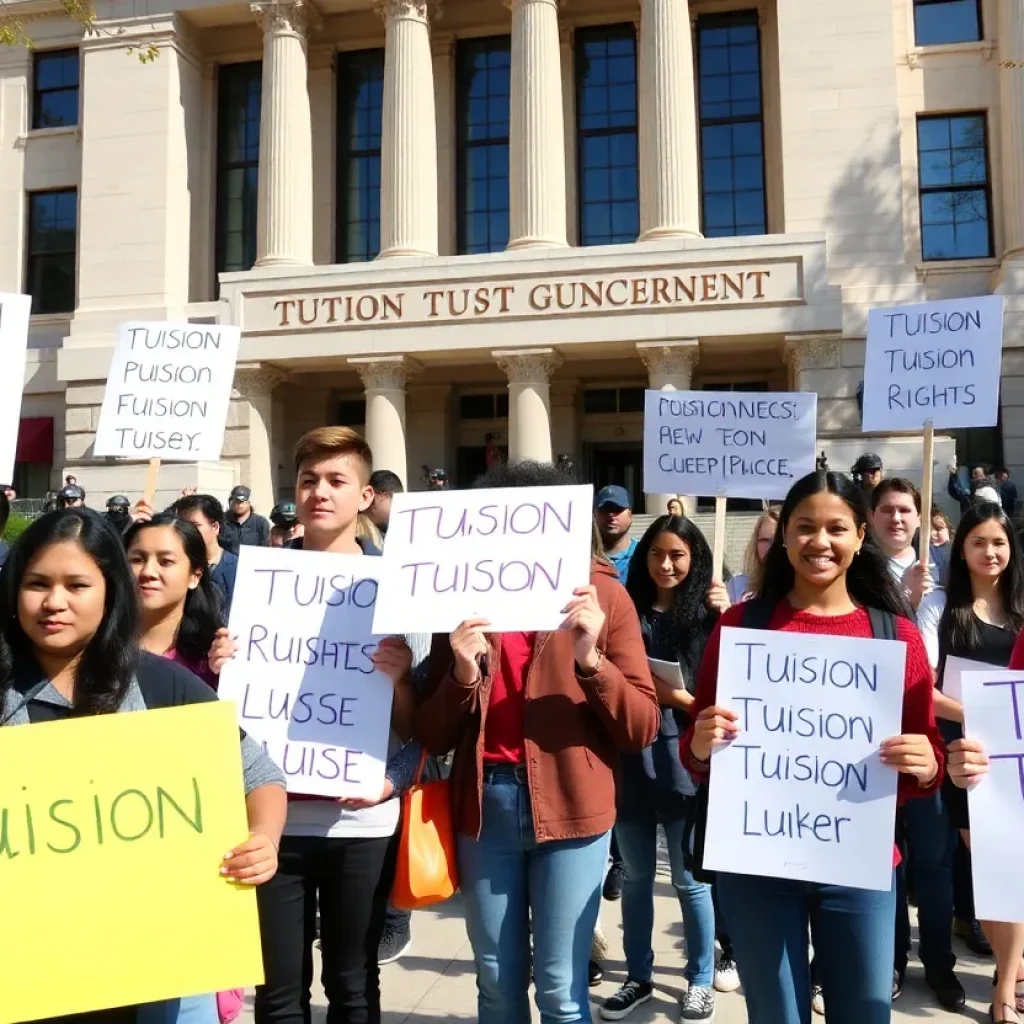 Diverse students advocating for tuition rights with protest signs outside a government building