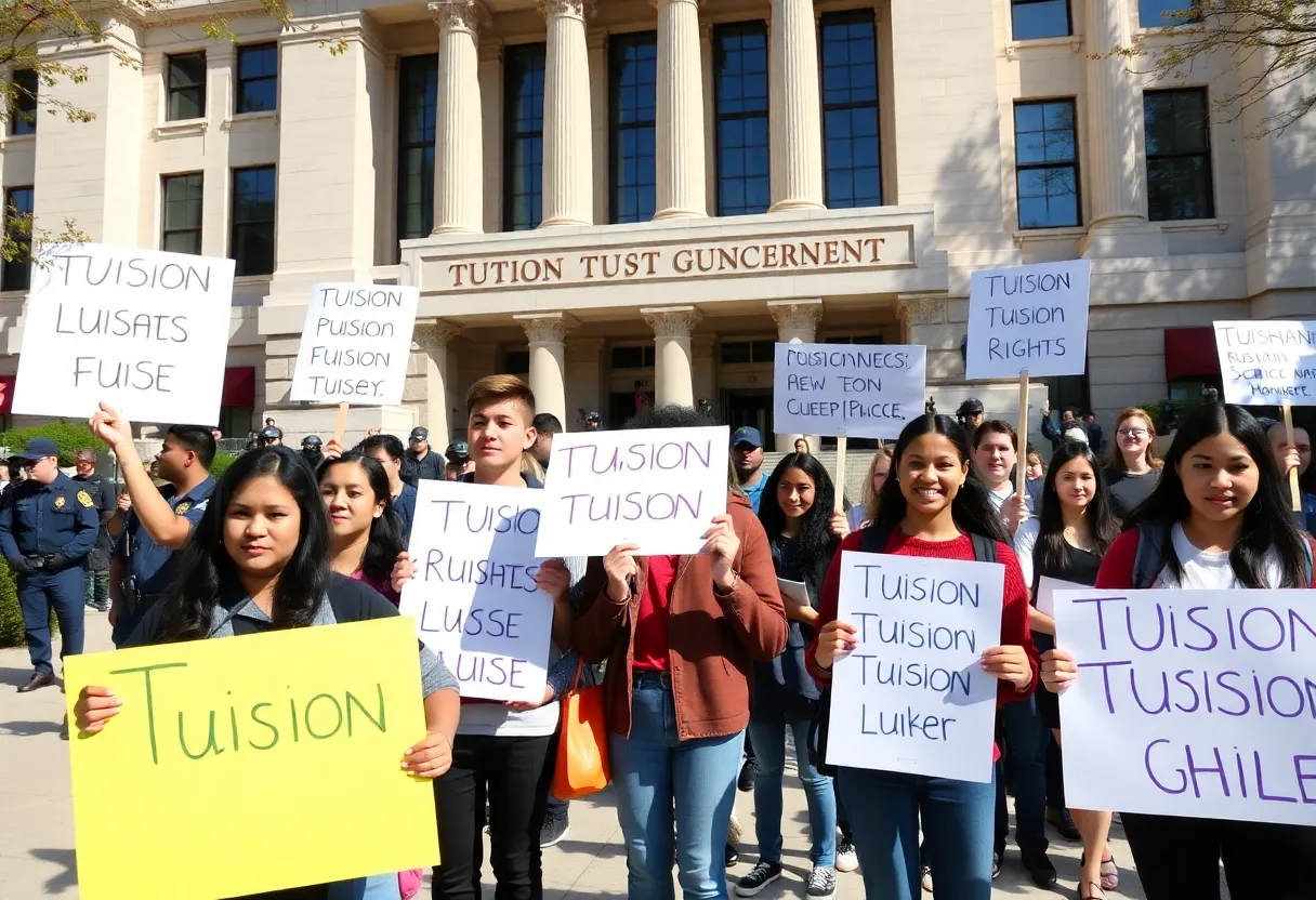 Diverse students advocating for tuition rights with protest signs outside a government building