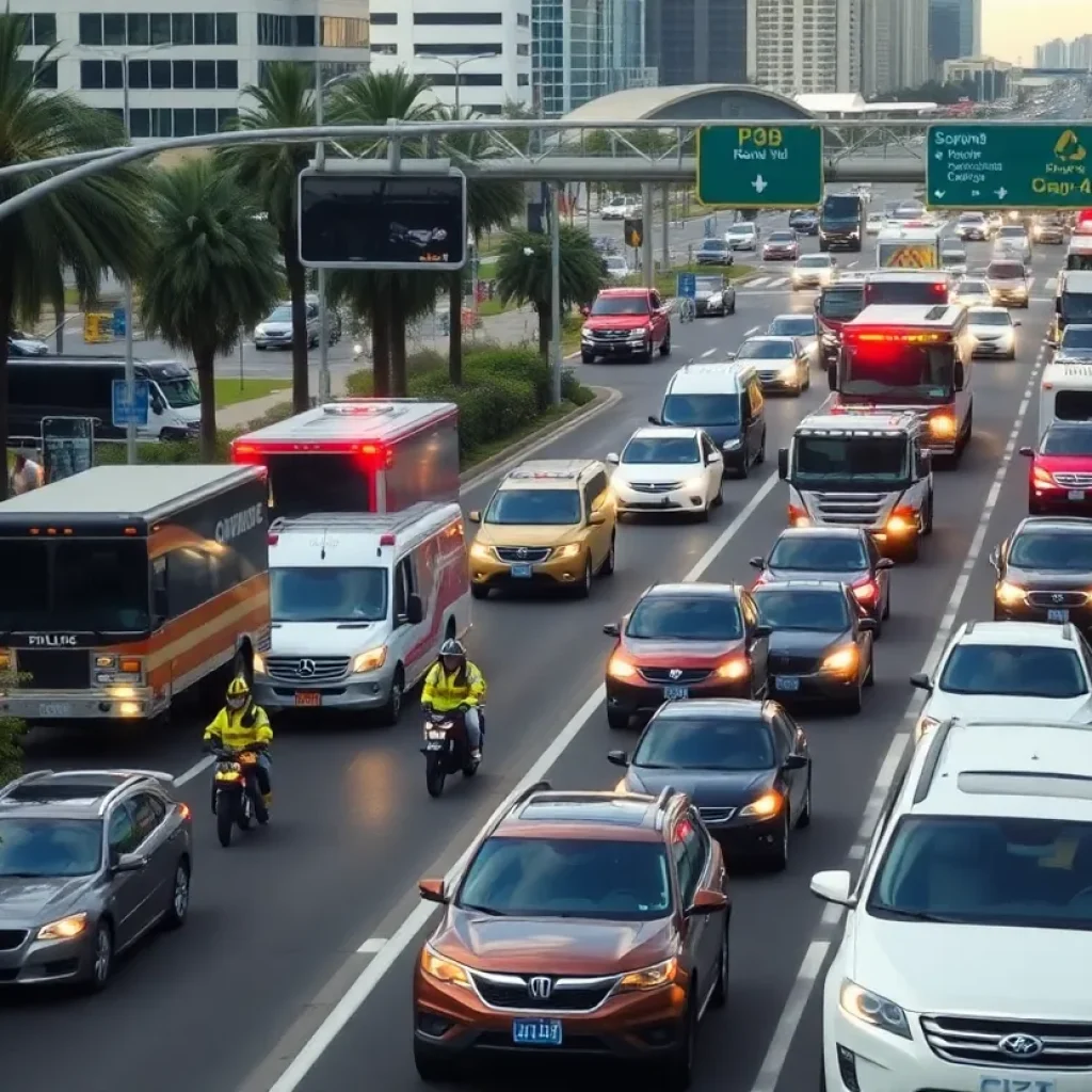 Heavy traffic on State Road 408 in Orlando with emergency responders present