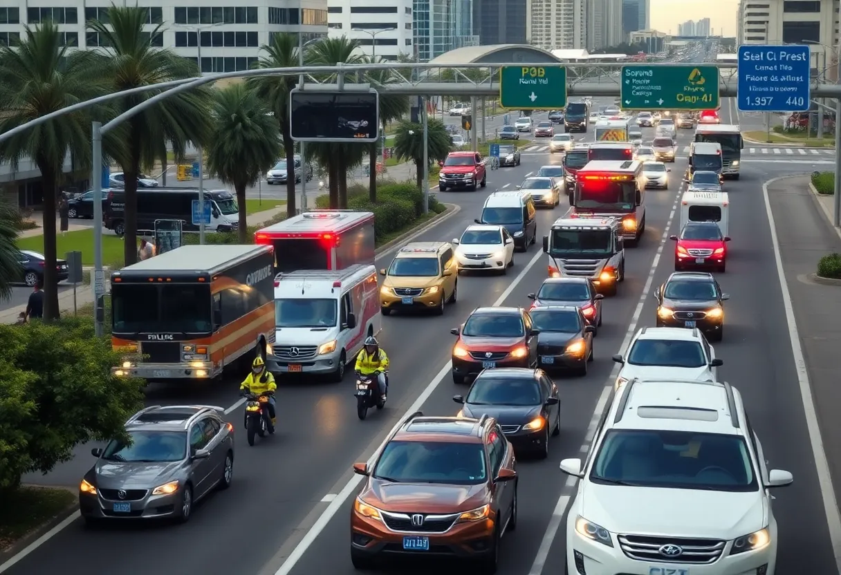 Heavy traffic on State Road 408 in Orlando with emergency responders present