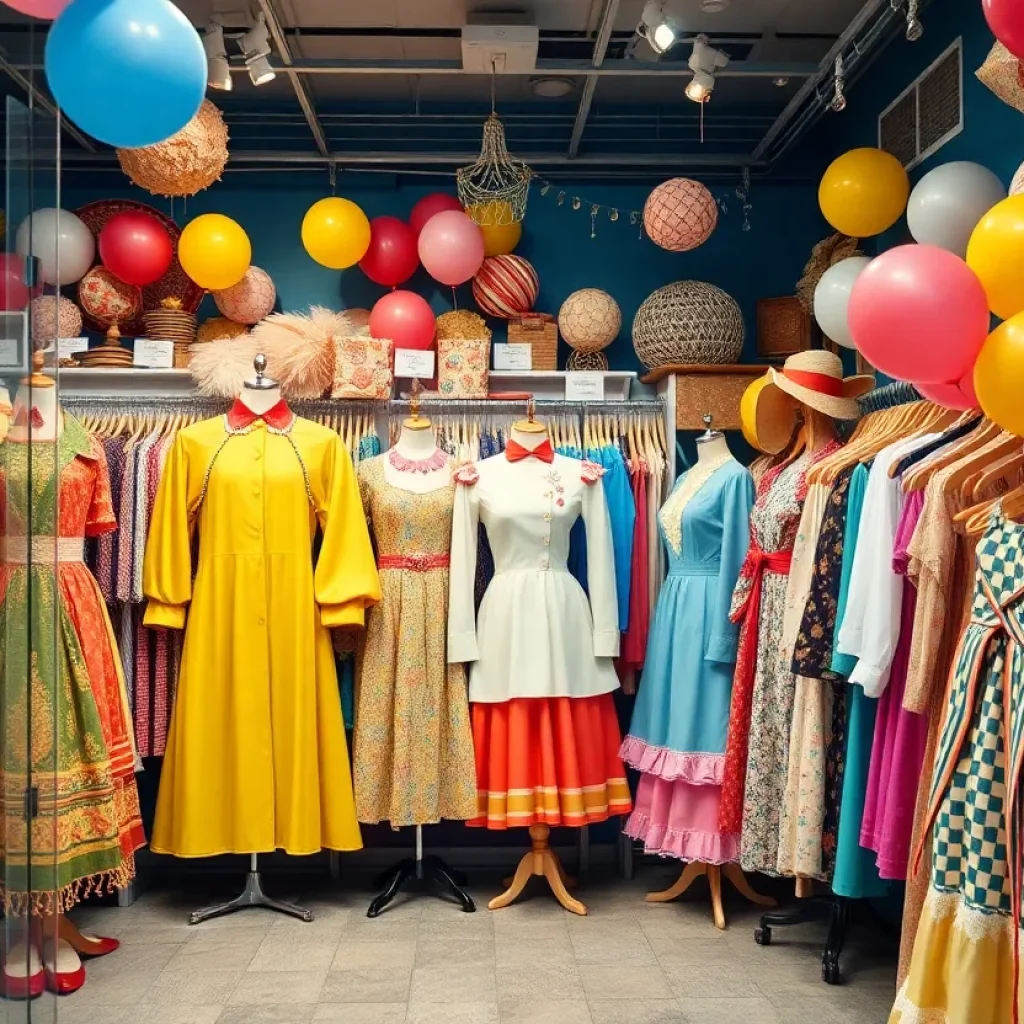 A collection of vintage clothing ranging from the 1920s to the 1970s displayed in a stylish boutique.