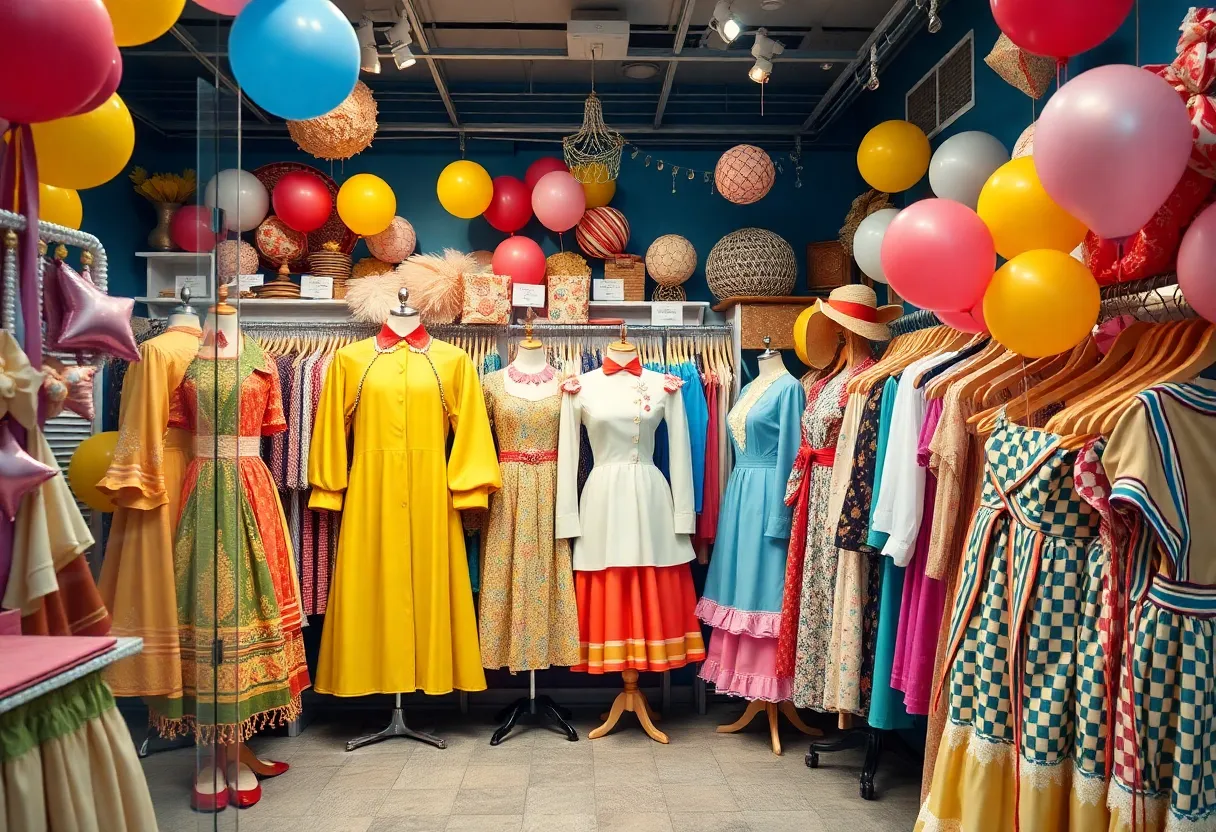 A collection of vintage clothing ranging from the 1920s to the 1970s displayed in a stylish boutique.