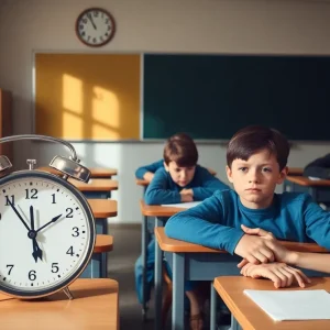 Students in a classroom appearing tired due to early school start times