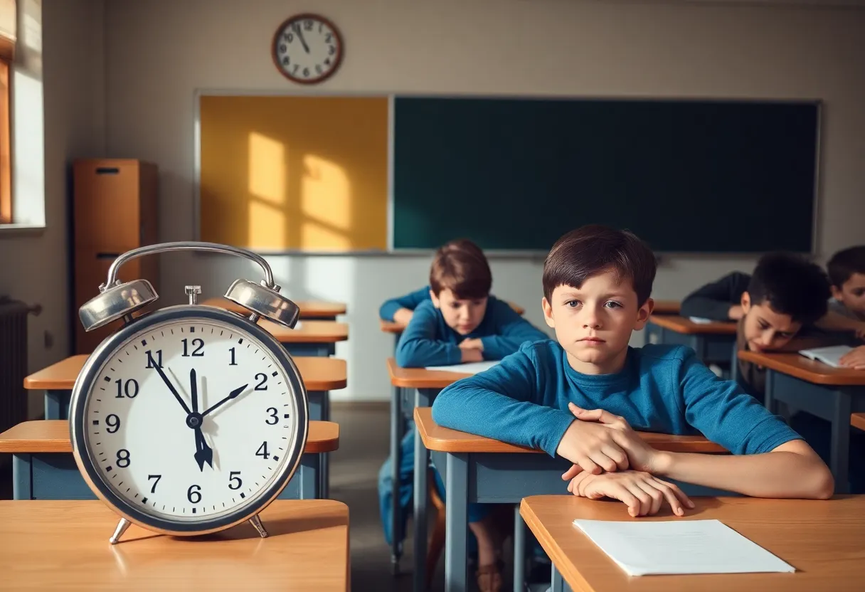 Students in a classroom appearing tired due to early school start times